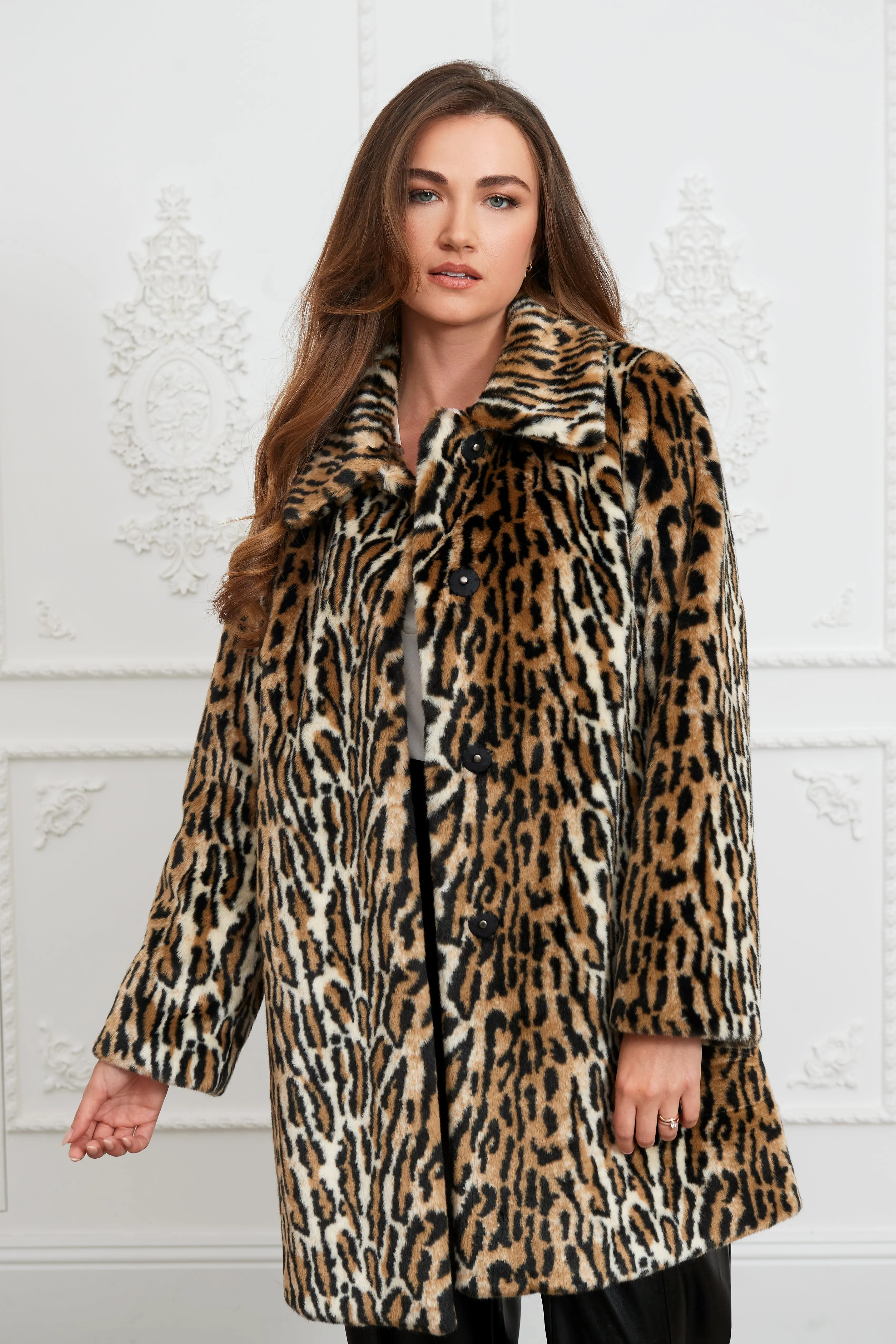 Adele Recycled Vegan Leopard Fur Coat | Brown