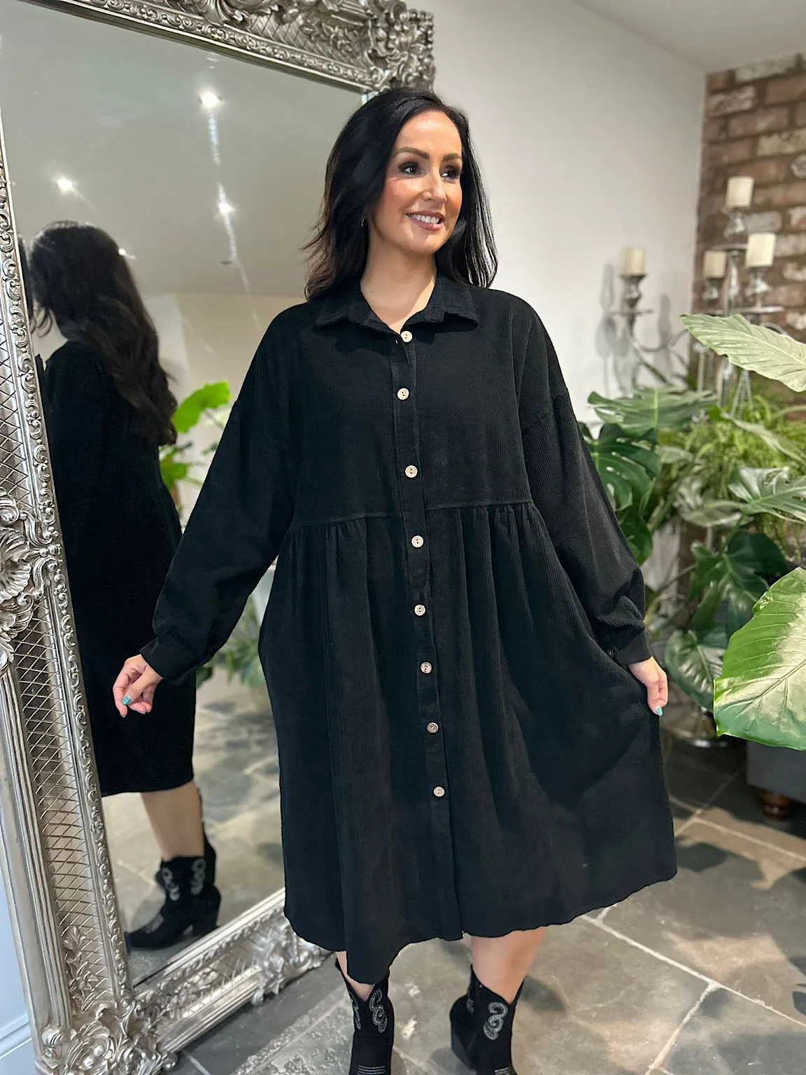 Black Corduroy Shirt Dress Debbie