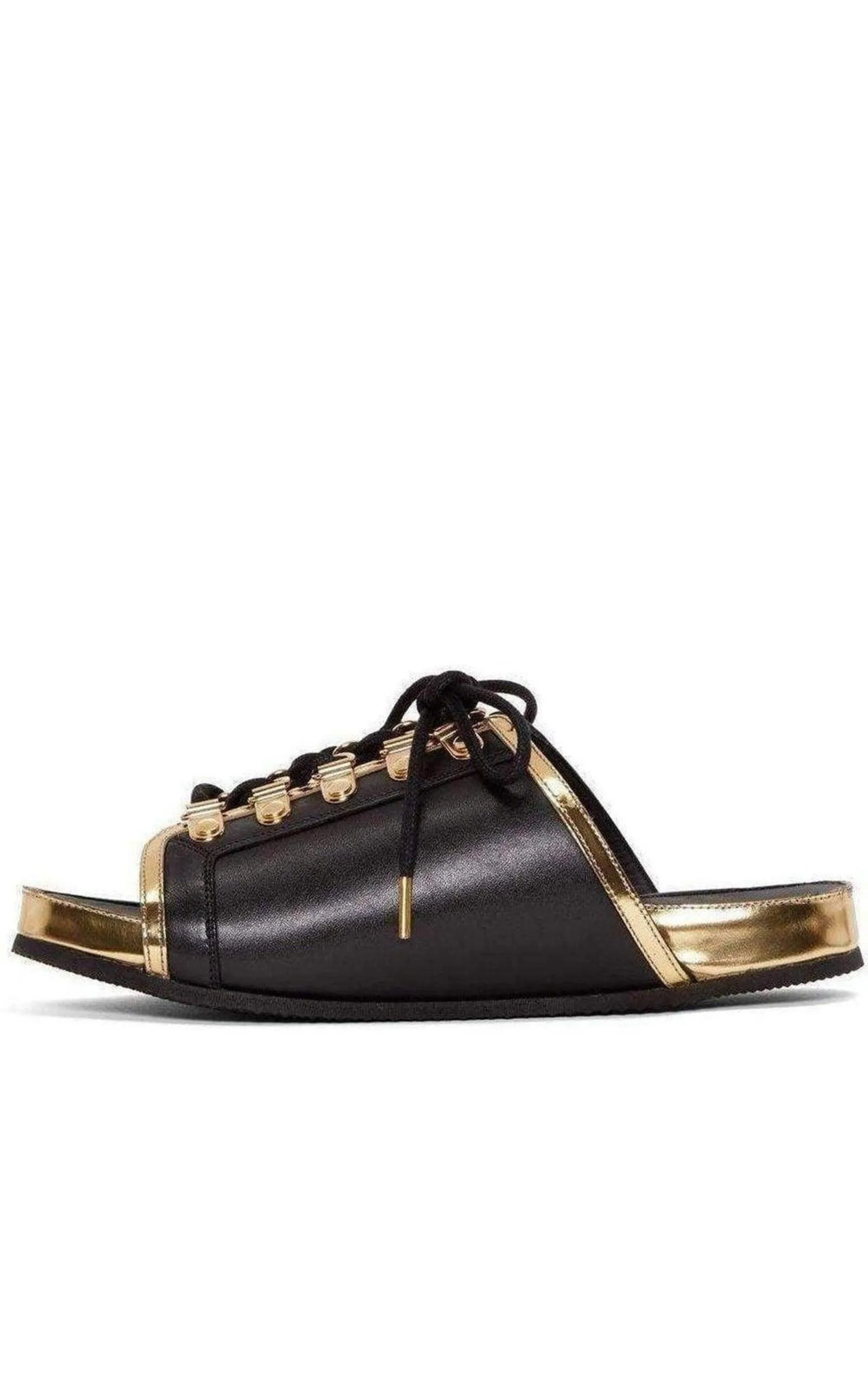 Black Gold Lace up Sliders Men Leather Sandals