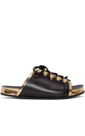 Black Gold Lace up Sliders Men Leather Sandals