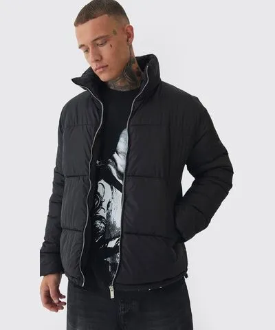 boohoo Mens Tall Worldwide Applique Funnel Neck Puffer Jacket