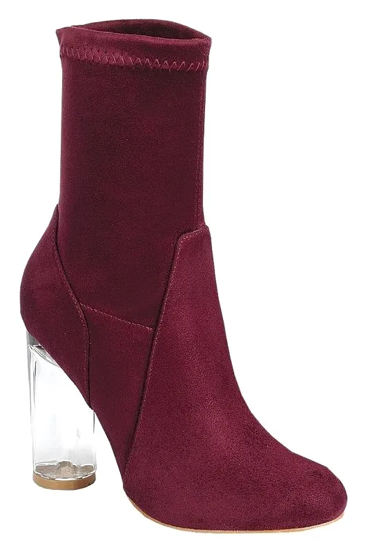 Burgundy Faux Suede Clear Heel Bootie