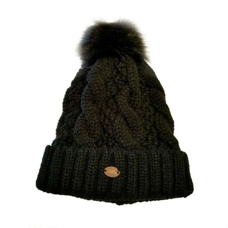 Cable Beanie with Faux Fur Pom Pom