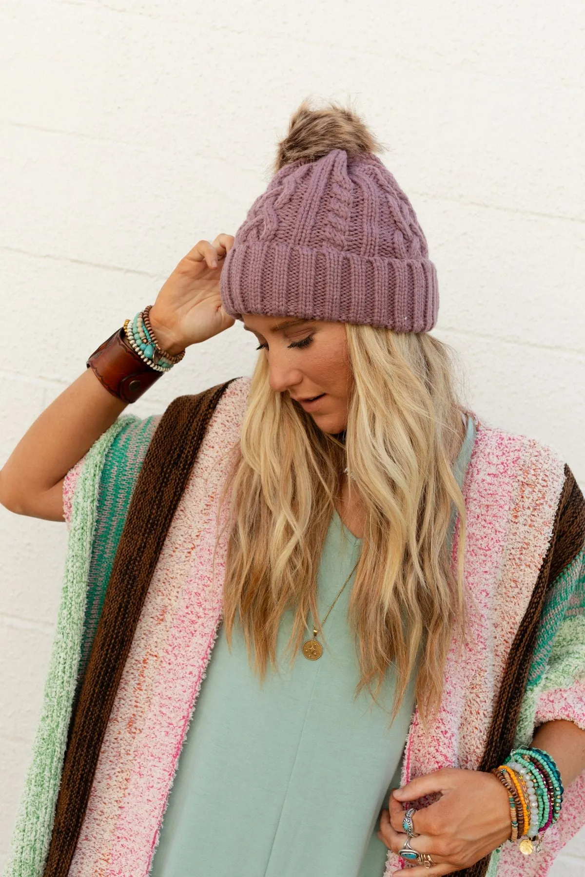 Cable Knit Faux Fur Pom Beanie - Mauve