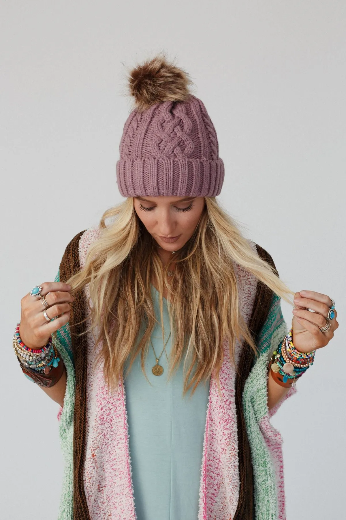 Cable Knit Faux Fur Pom Beanie - Mauve