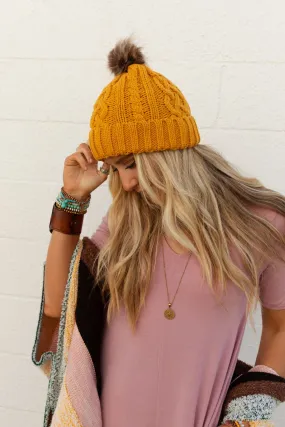 Cable Knit Faux Fur Pom Beanie - Mustard