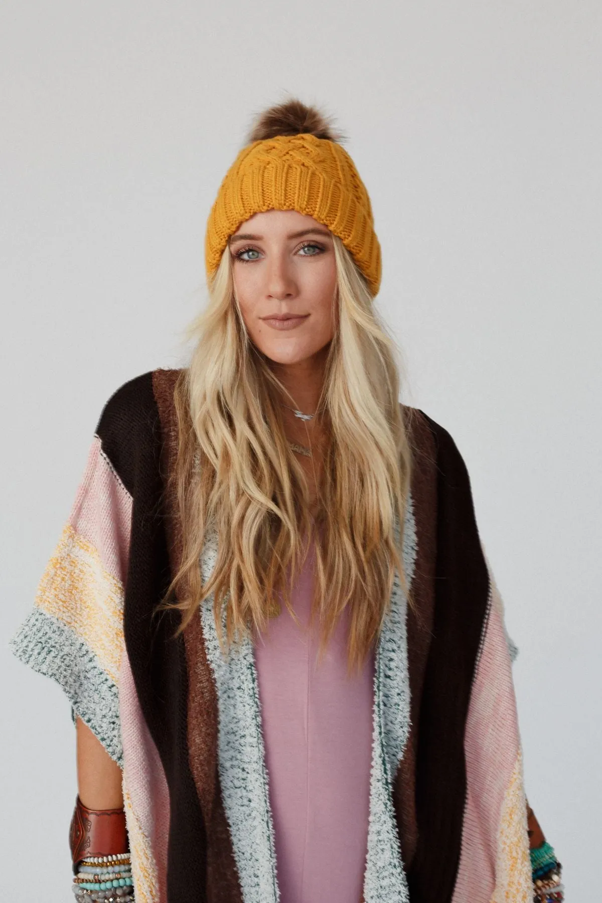 Cable Knit Faux Fur Pom Beanie - Mustard