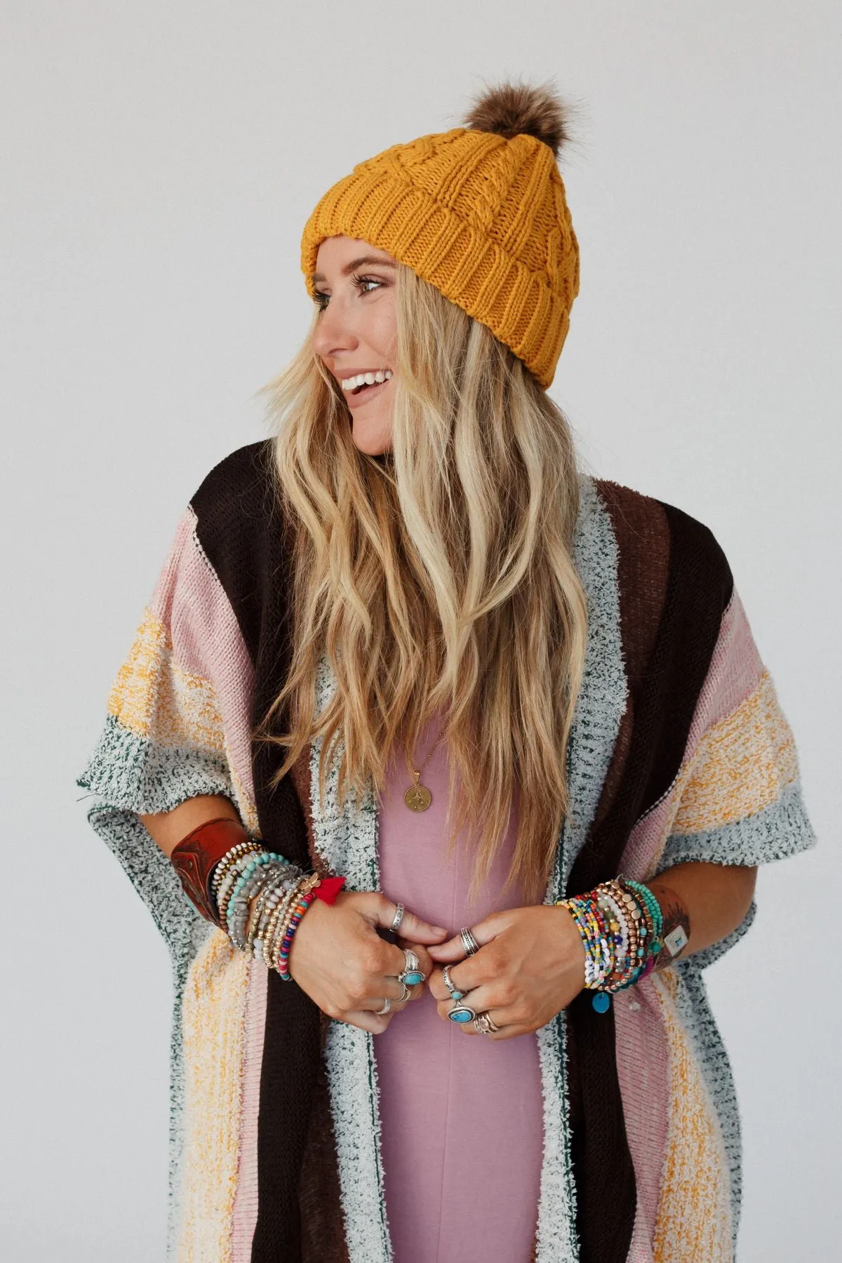 Cable Knit Faux Fur Pom Beanie - Mustard