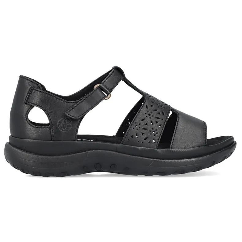 Comfortable women's leather sandals with velcro, black Rieker 64865-01