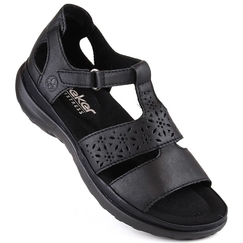 Comfortable women's leather sandals with velcro, black Rieker 64865-01