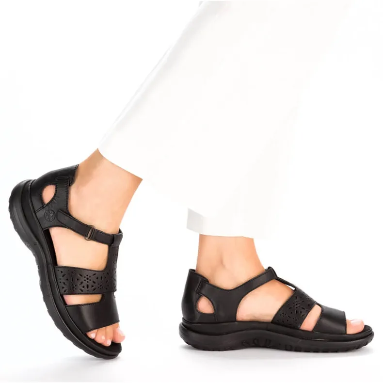 Comfortable women's leather sandals with velcro, black Rieker 64865-01