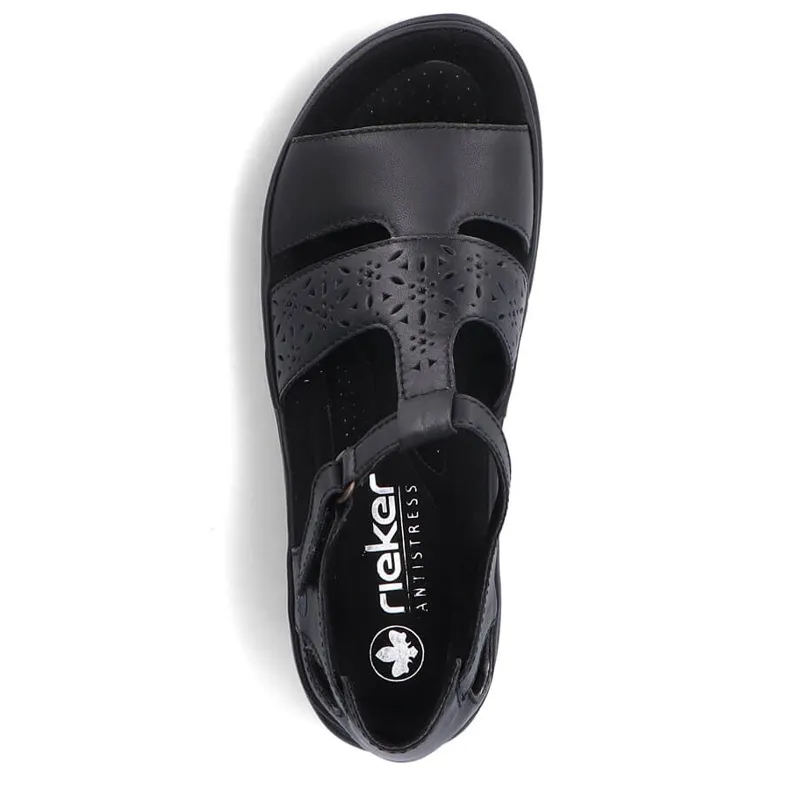 Comfortable women's leather sandals with velcro, black Rieker 64865-01