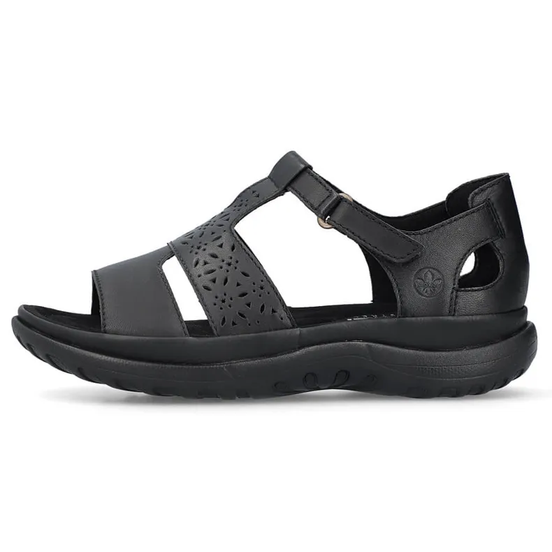 Comfortable women's leather sandals with velcro, black Rieker 64865-01