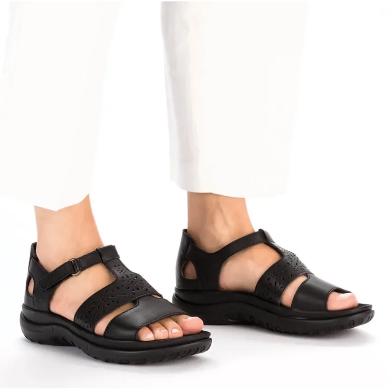 Comfortable women's leather sandals with velcro, black Rieker 64865-01