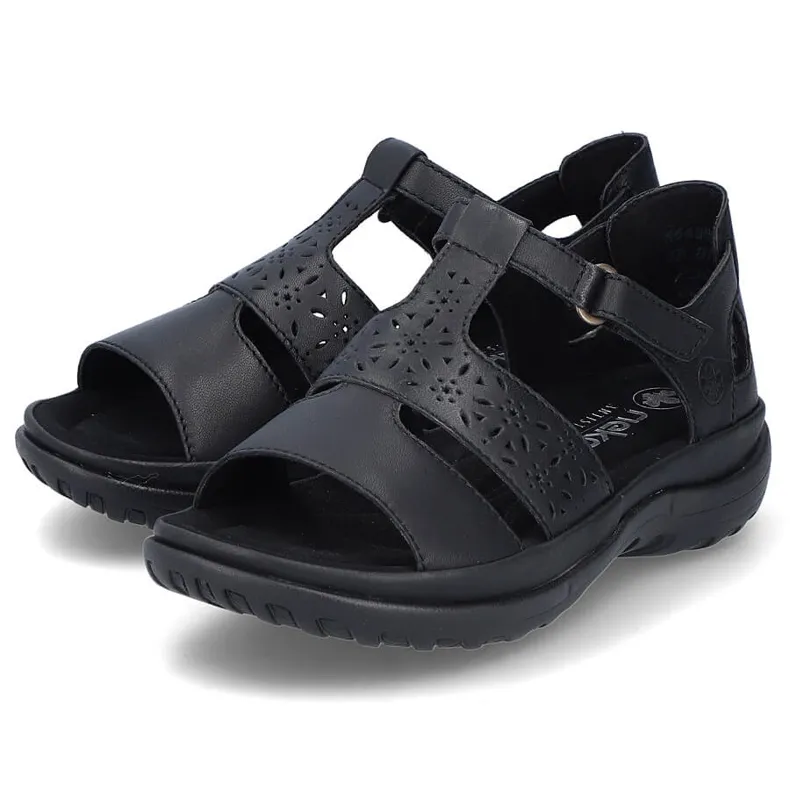 Comfortable women's leather sandals with velcro, black Rieker 64865-01