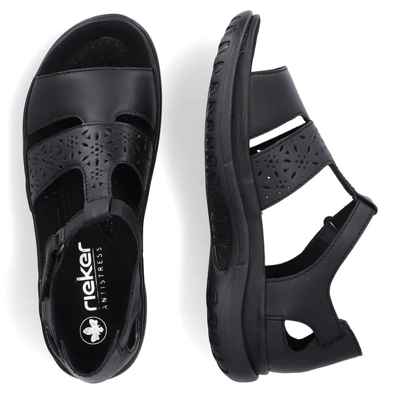 Comfortable women's leather sandals with velcro, black Rieker 64865-01