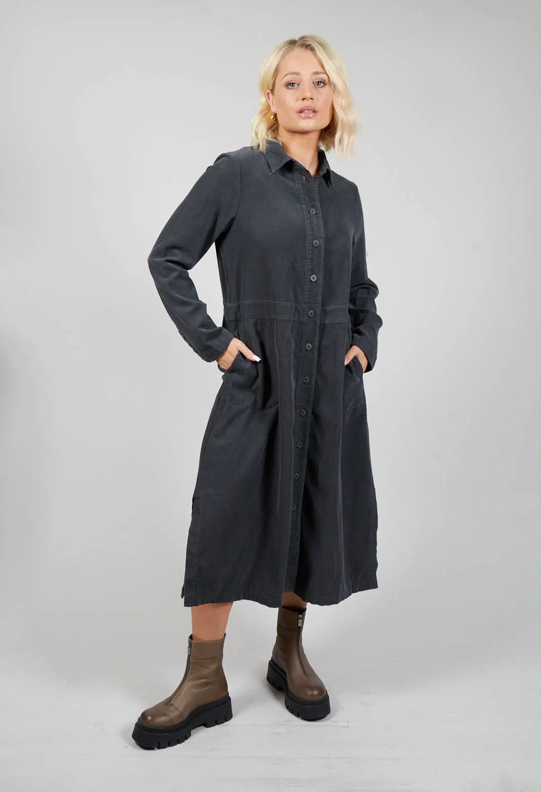 Corduroy Shirt Dress in Onyx