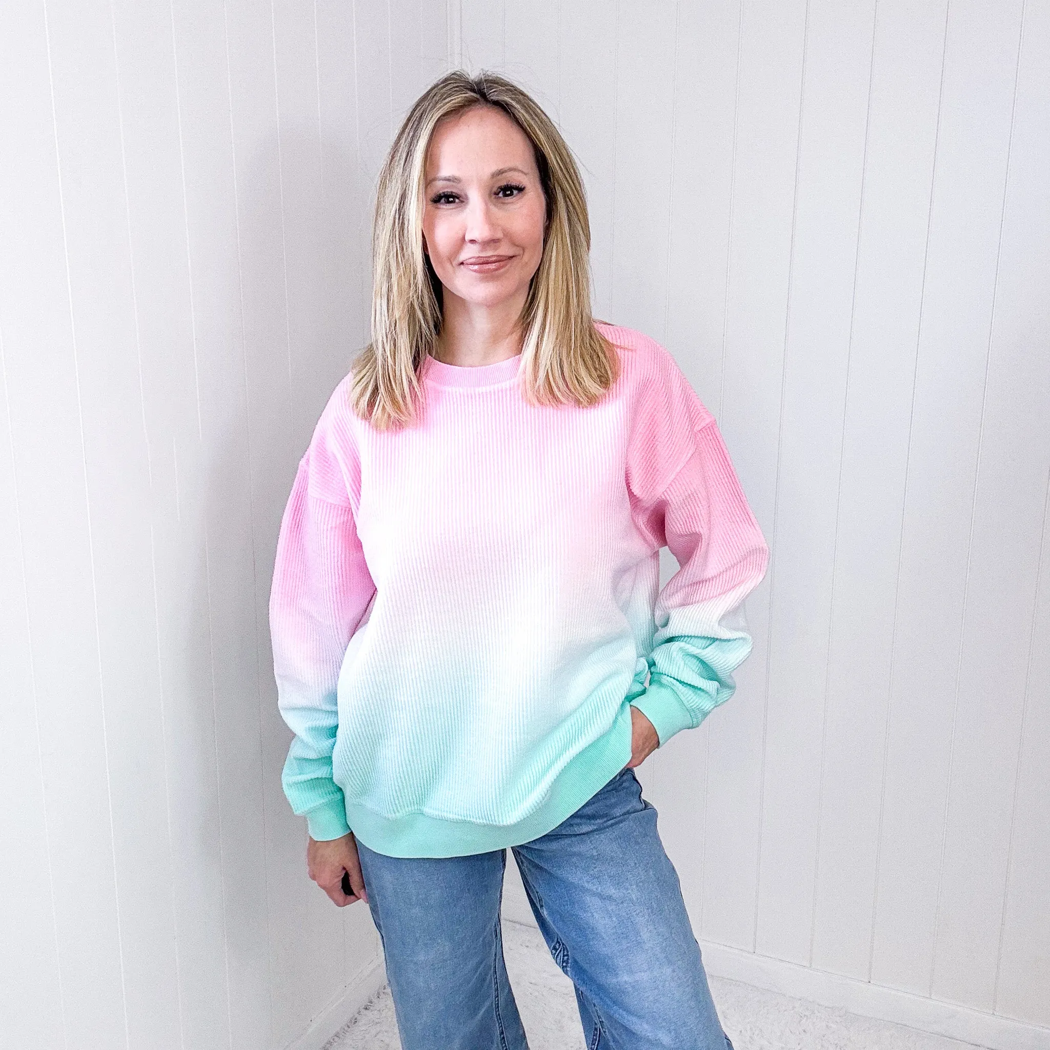 Cotton Candy Pink and Mint Ombre Luxe Soft Corded Pullover