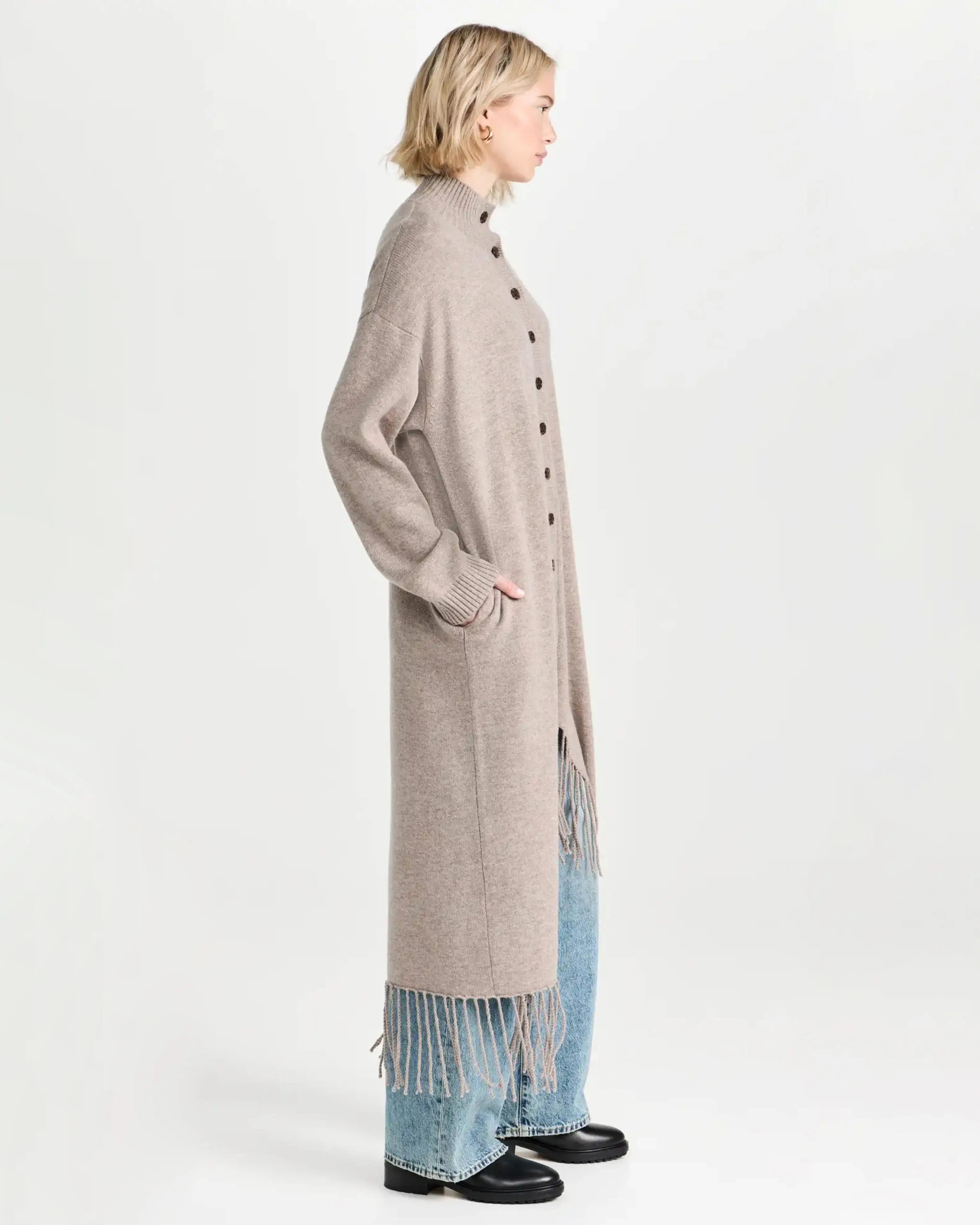 Draped Front Fringe Coat