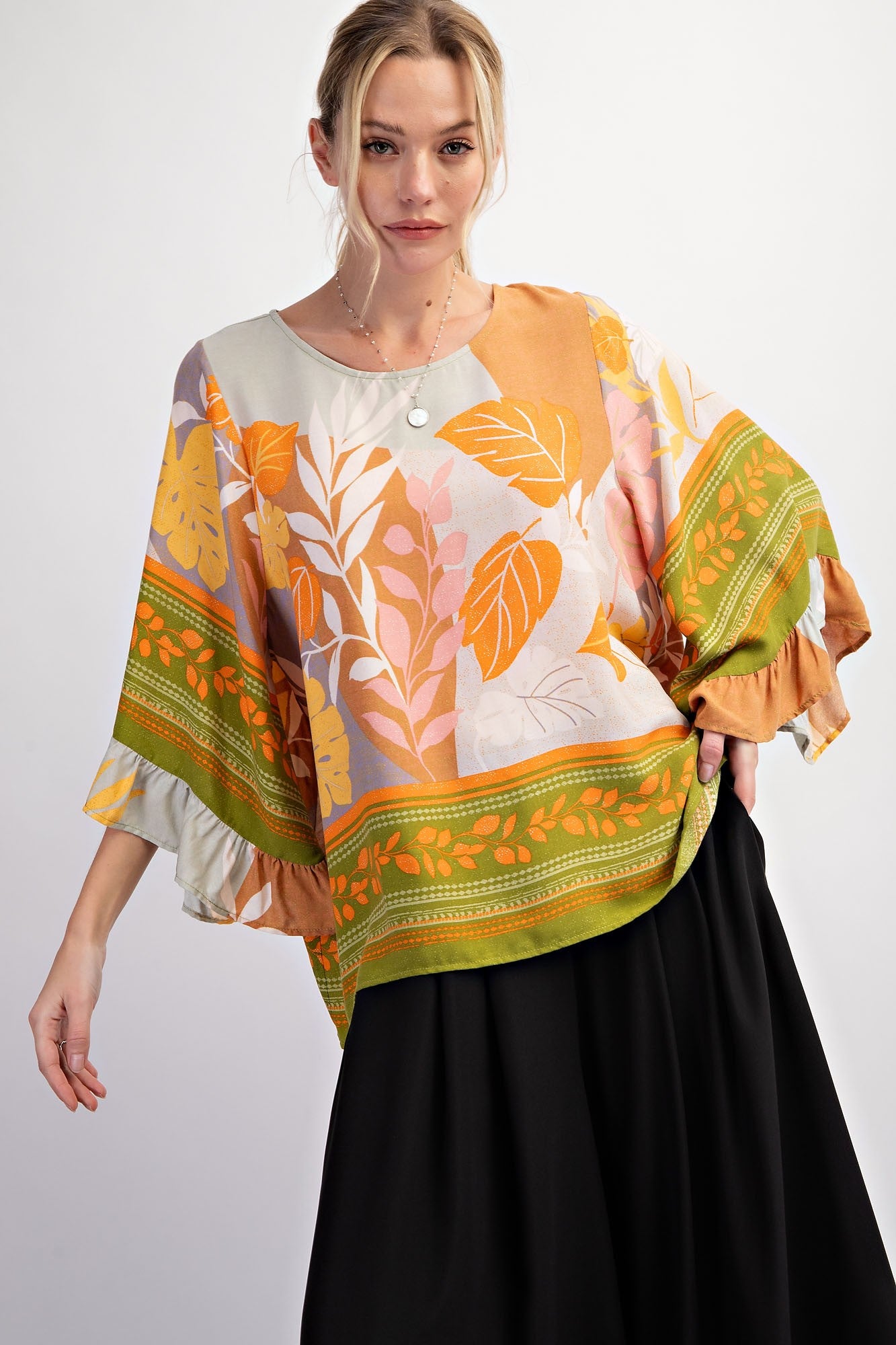 Easel Border Printed Rayon Challis Woven Top