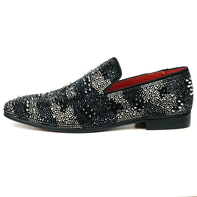 FI-7516 Black Silver Suede Rhinestones Spikes Slip on Loafer Fiesso by Aurelio Garcia