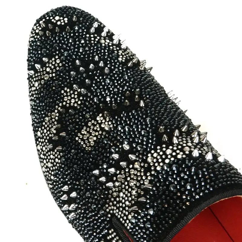 FI-7516 Black Silver Suede Rhinestones Spikes Slip on Loafer Fiesso by Aurelio Garcia