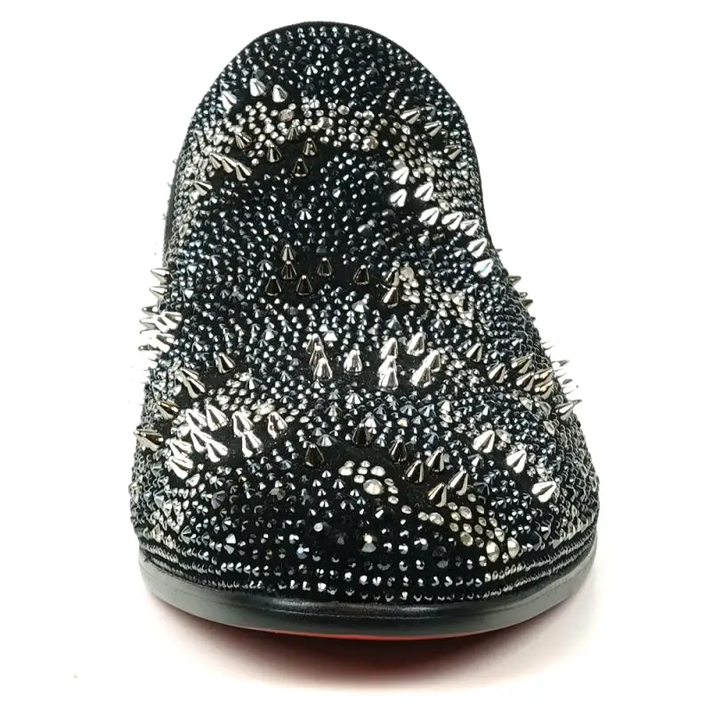 FI-7516 Black Silver Suede Rhinestones Spikes Slip on Loafer Fiesso by Aurelio Garcia