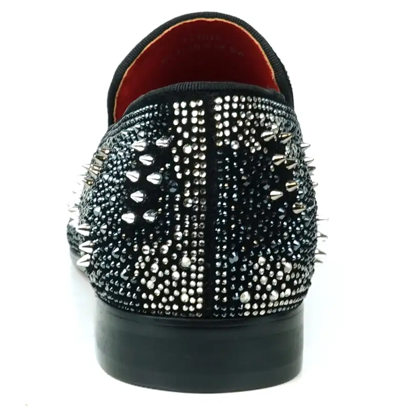 FI-7516 Black Silver Suede Rhinestones Spikes Slip on Loafer Fiesso by Aurelio Garcia