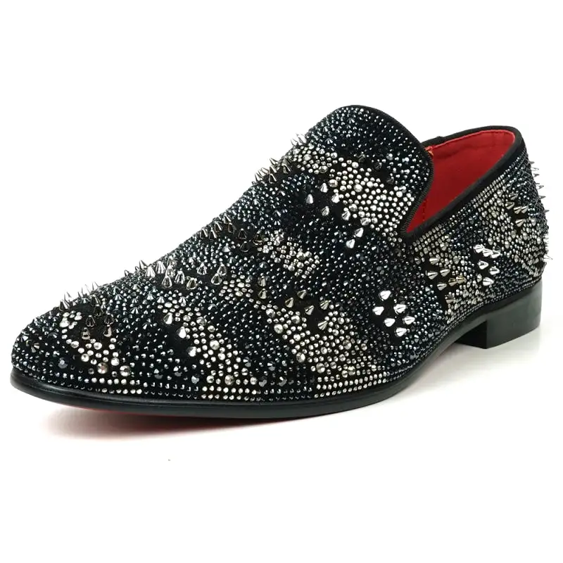 FI-7516 Black Silver Suede Rhinestones Spikes Slip on Loafer Fiesso by Aurelio Garcia