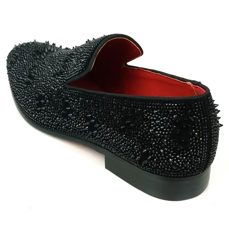 FI-7516 Black Suede Rhinestones Spikes Slip on Loafer Fiesso by Aurelio Garcia