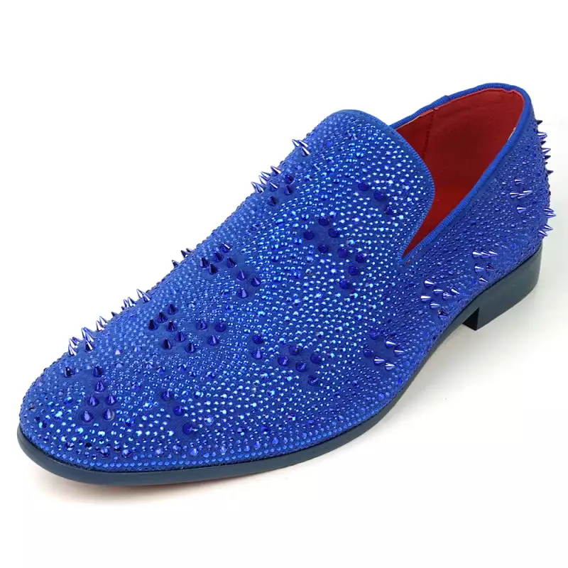 FI-7516 Blue Suede Rhinestones Spikes Slip on Loafer Fiesso by Aurelio Garcia