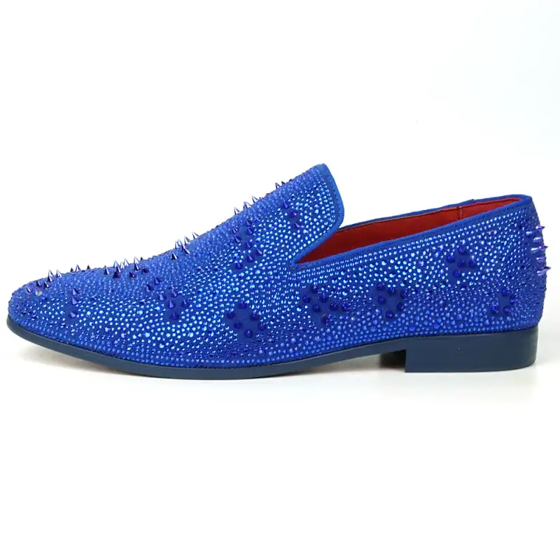 FI-7516 Blue Suede Rhinestones Spikes Slip on Loafer Fiesso by Aurelio Garcia