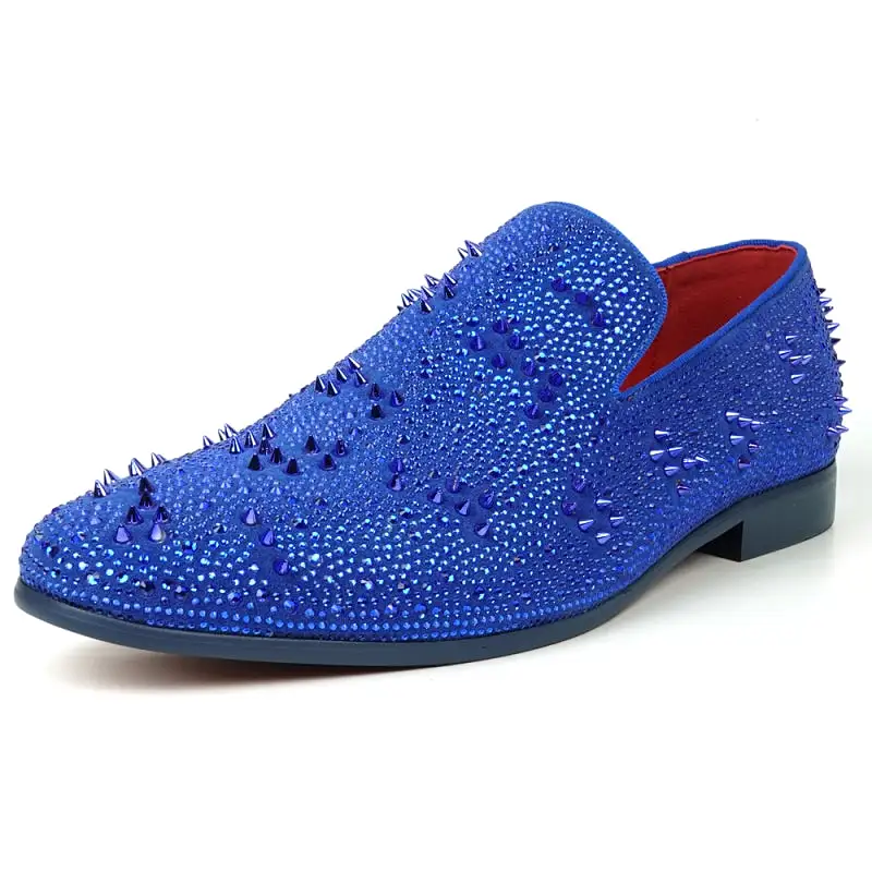 FI-7516 Blue Suede Rhinestones Spikes Slip on Loafer Fiesso by Aurelio Garcia