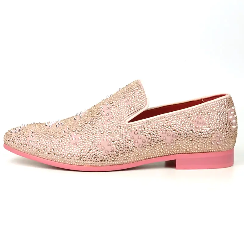 FI-7516 Pink Suede Rhinestones Spikes Slip on Loafer Fiesso by Aurelio Garcia