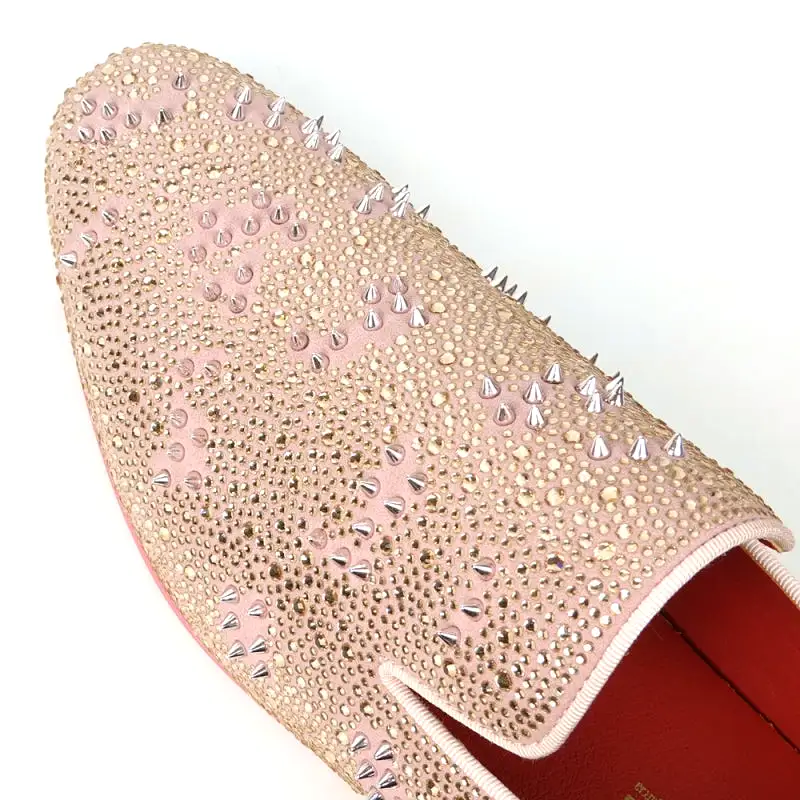 FI-7516 Pink Suede Rhinestones Spikes Slip on Loafer Fiesso by Aurelio Garcia