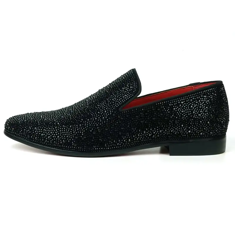 FI-7525 Black Suede Black Rhinestones Slip on Loafer Fiesso by Aurelio Garcia