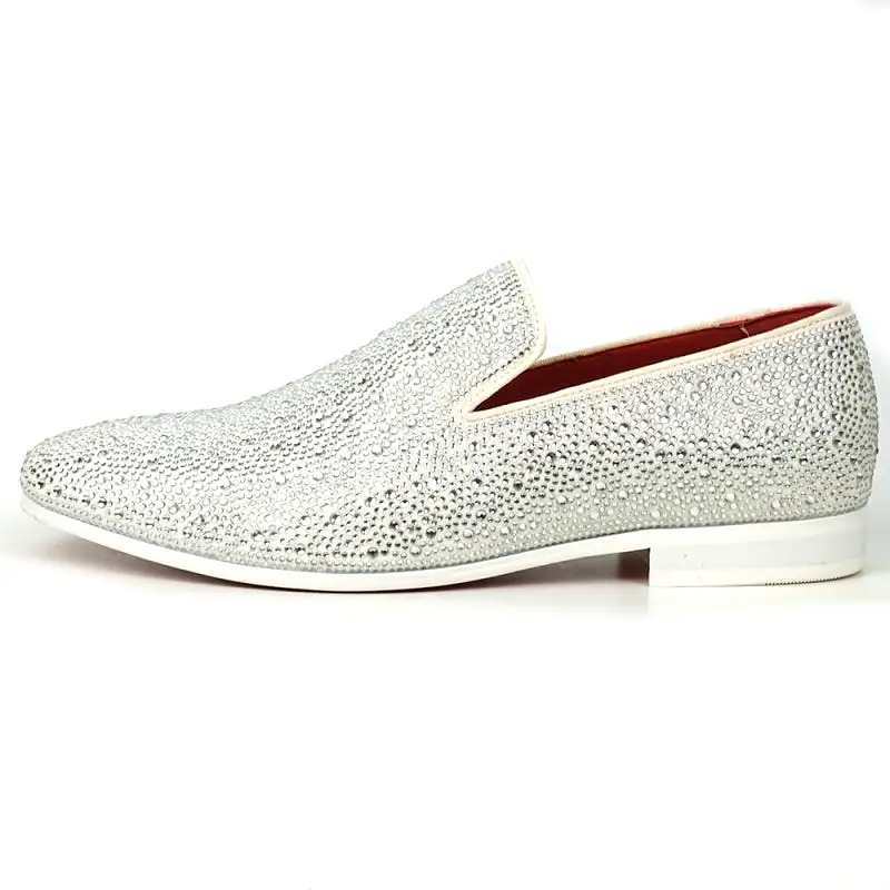 FI-7525 White Suede White Rhinestones Slip on Loafer Fiesso by Aurelio Garcia