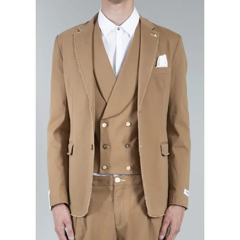 GIACCA BLAZER IN COTONE CON BORDI SFRANGIATI, CAMMELLO