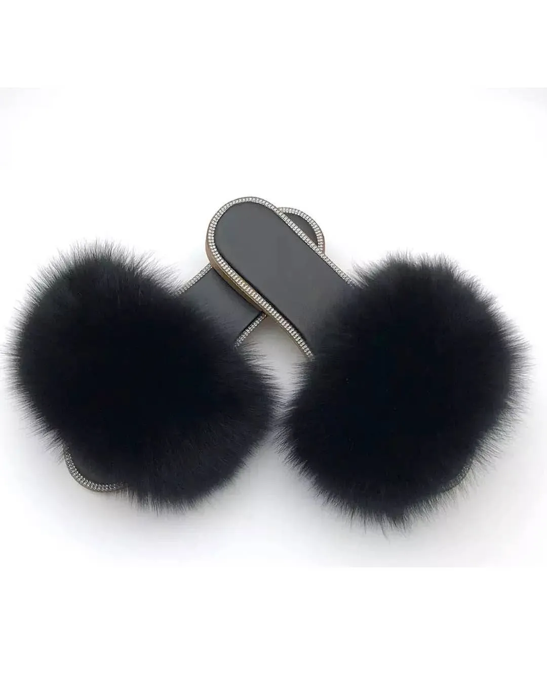 Natural Fur Slides With Rhinestones