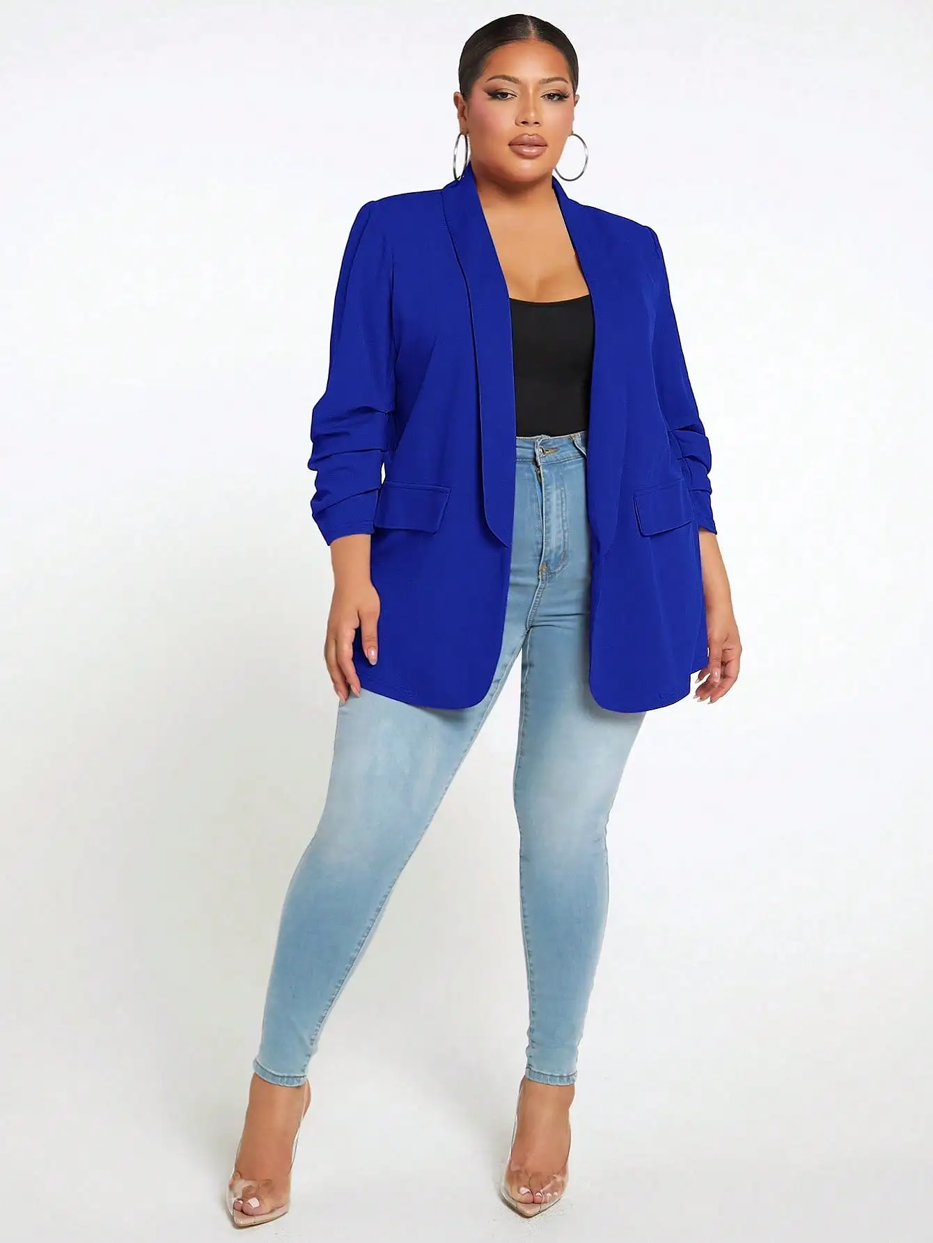 Plus Ruched Sleeve Open Front Blazer Coat