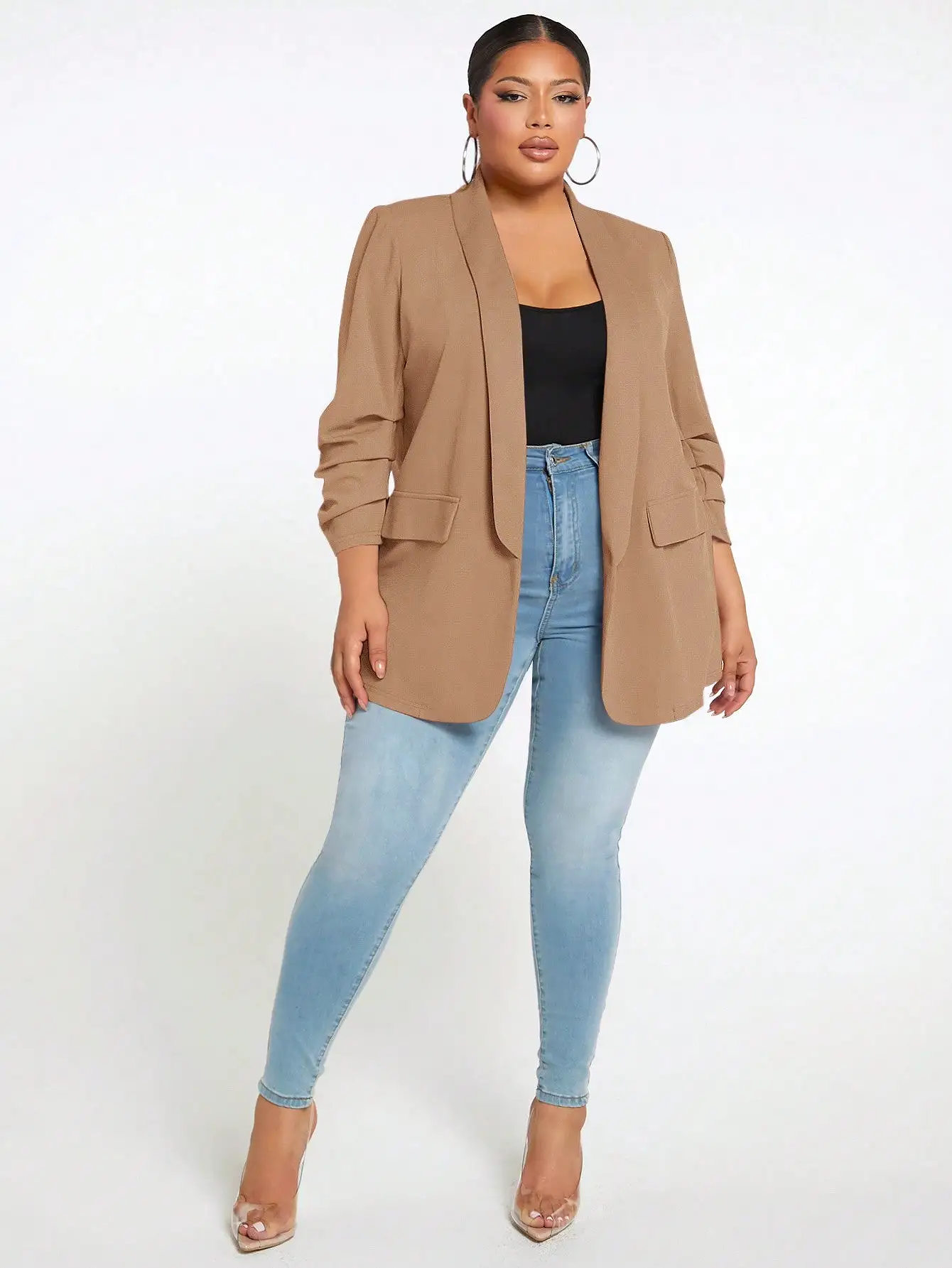 Plus Ruched Sleeve Open Front Blazer Coat