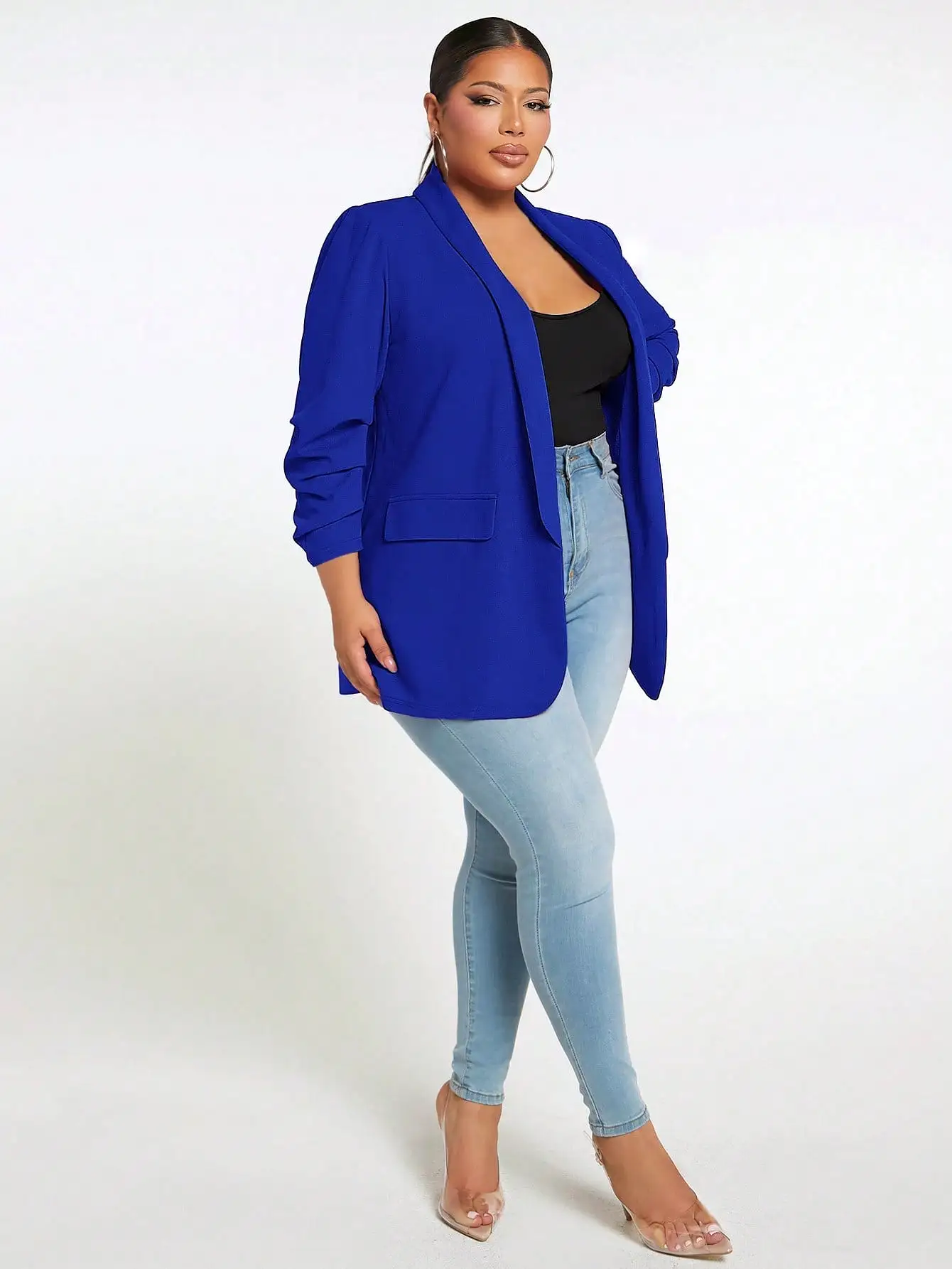 Plus Ruched Sleeve Open Front Blazer Coat