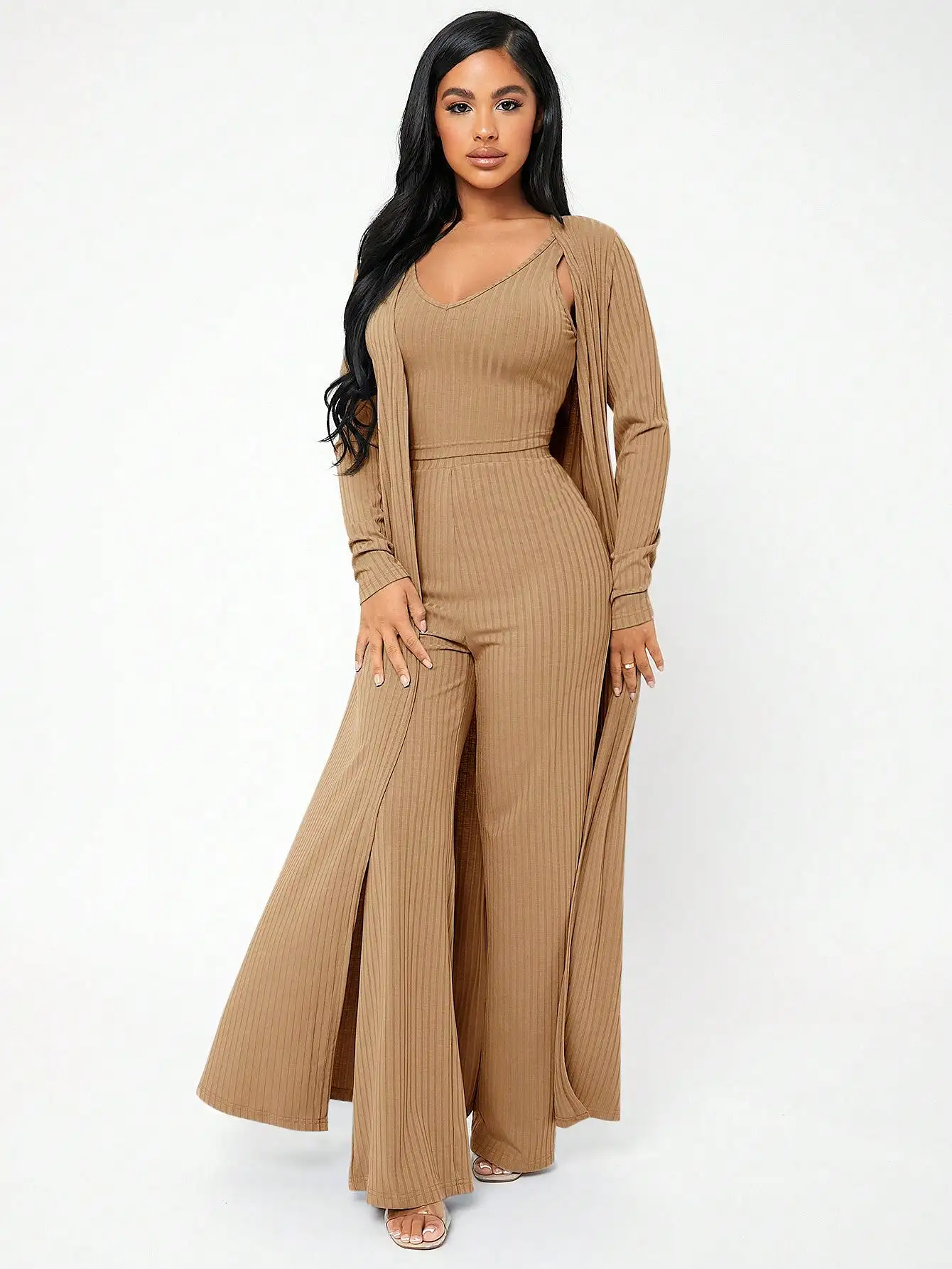 Ribbed Tank Top Pants Set With Coat