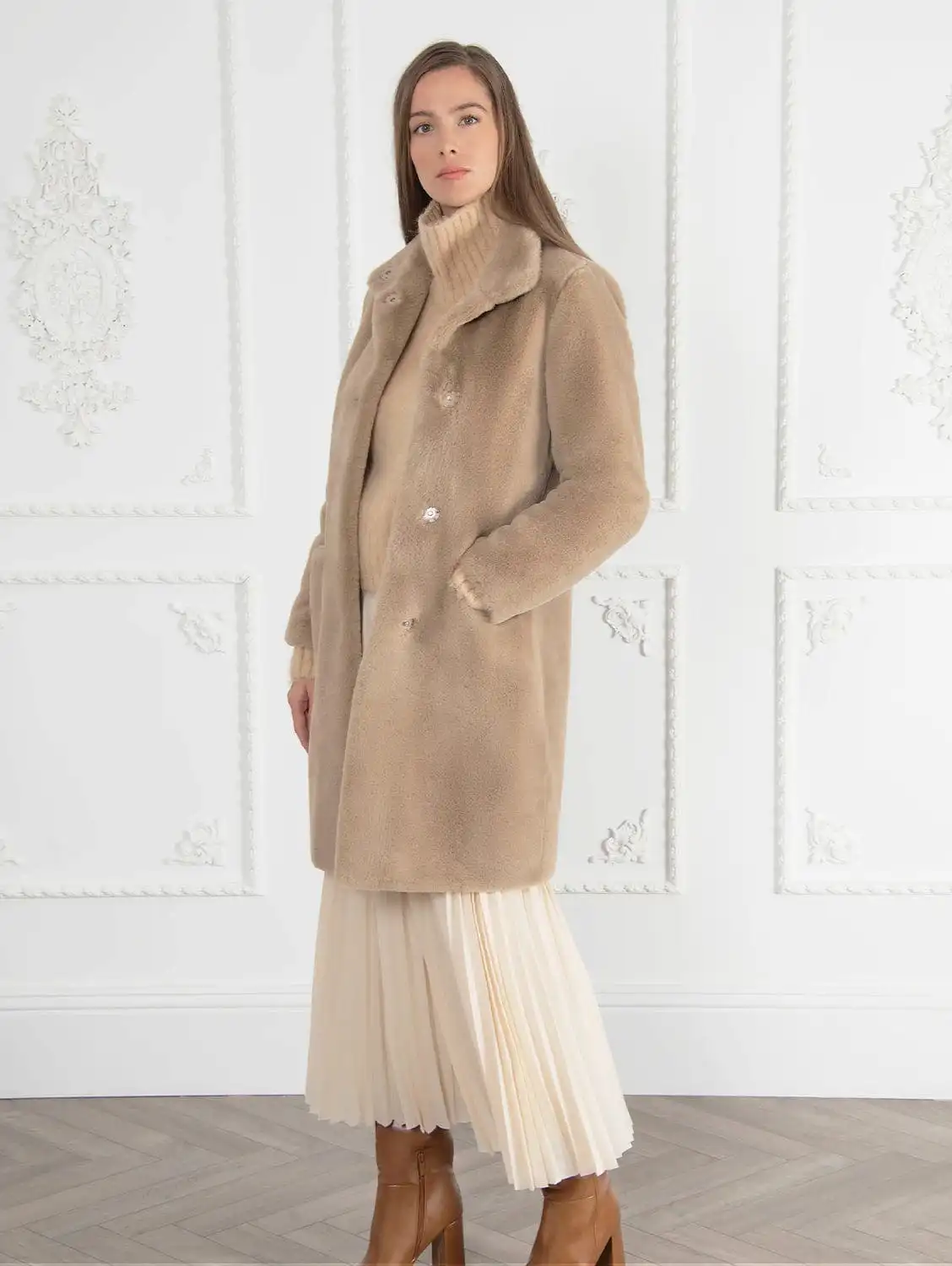 Signature Bette Long Recycled Vegan Fur Coat | Camel