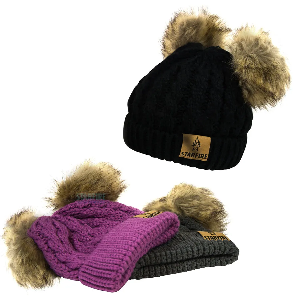 Starfire Kids Cable Knit Double Fur Pom CC Beanie