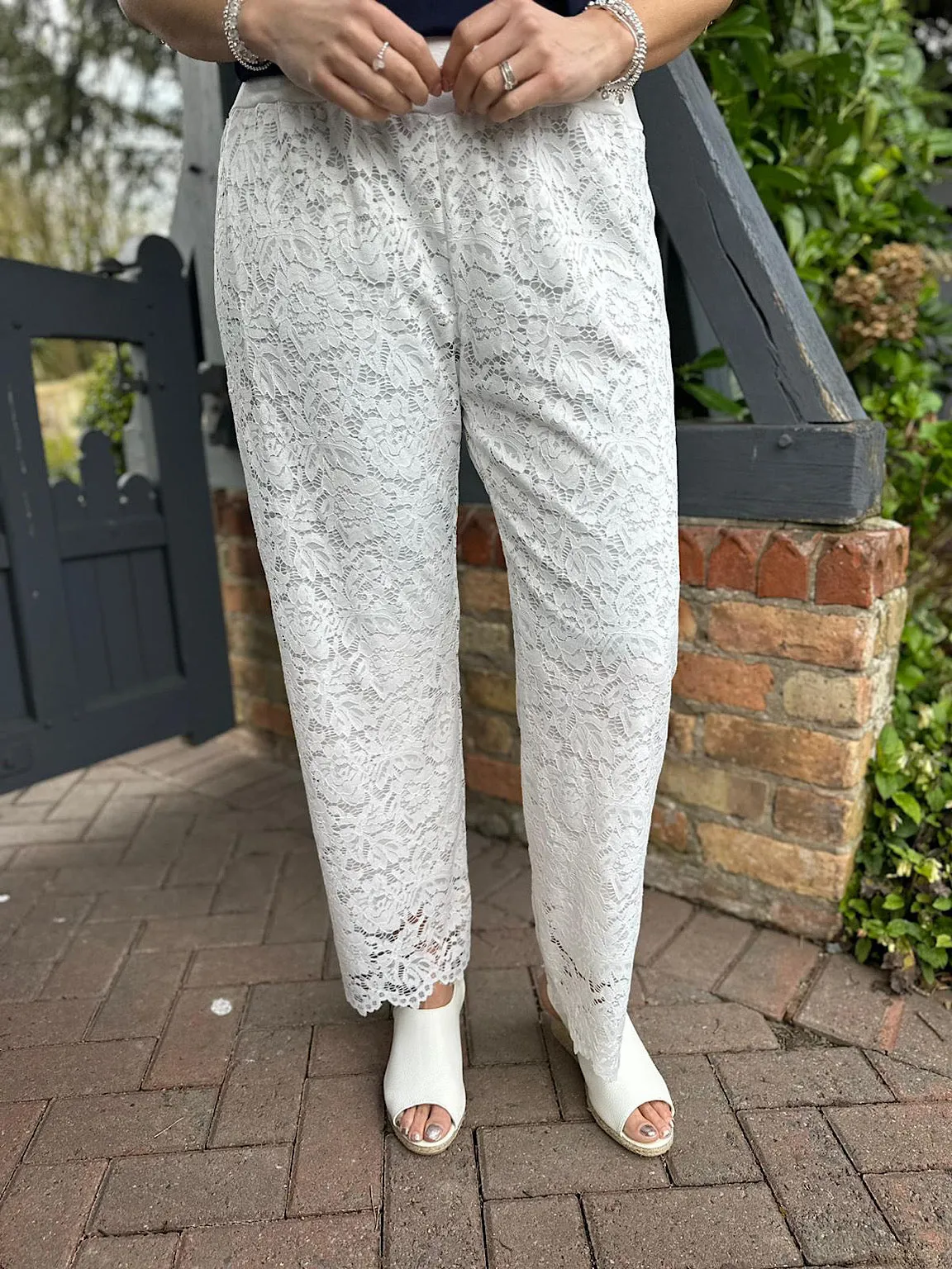 White Lined Lace Trousers