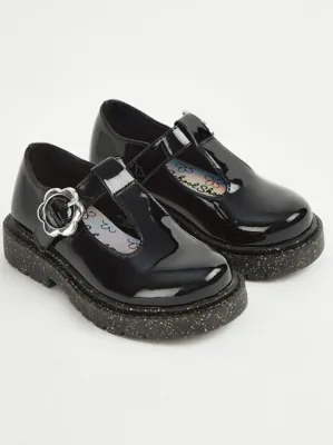 Wide Fit Black Flower T-Bar Glitter Sole School Shoes | School | George at ASDA