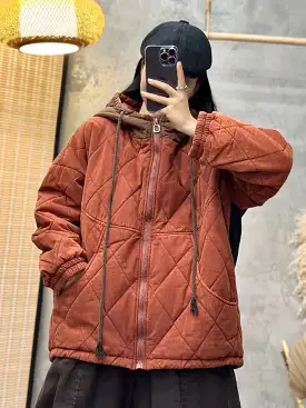 Women Winter Rhomboids Colorblock Cotton Hooded Coat