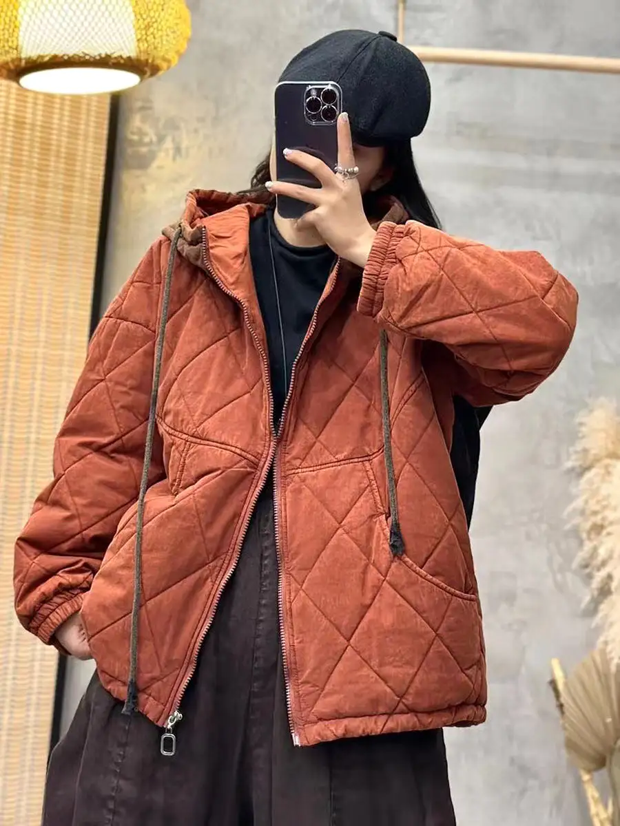 Women Winter Rhomboids Colorblock Cotton Hooded Coat