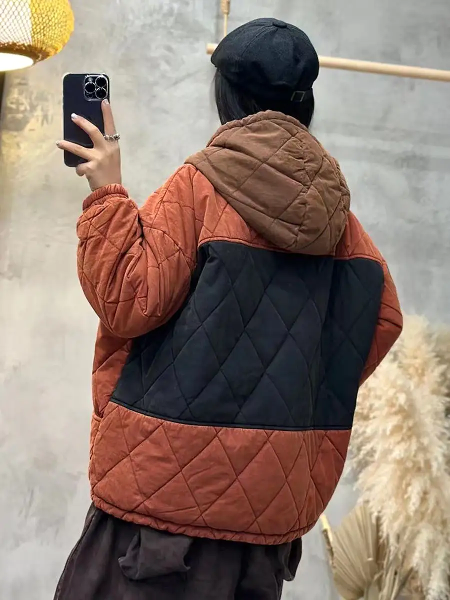 Women Winter Rhomboids Colorblock Cotton Hooded Coat